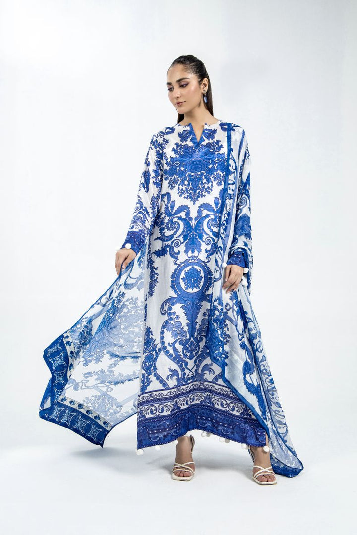 Laleen - Sapphire Sky Raw Silk Suit For Women - Blue and White - 3 Piece