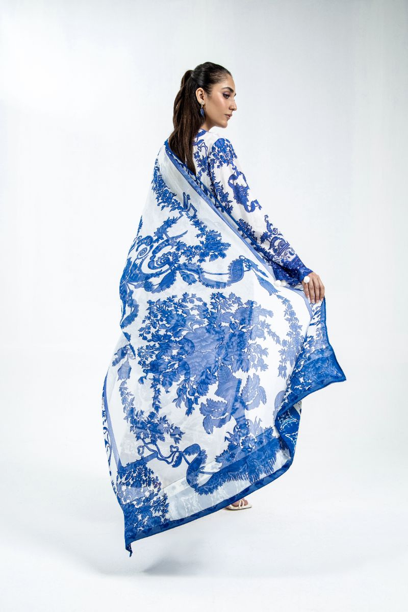 Laleen - Sapphire Sky Raw Silk Suit For Women - Blue and White - 3 Piece