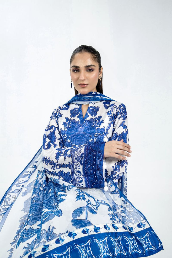 Laleen - Sapphire Sky Raw Silk Suit For Women - Blue and White - 3 Piece