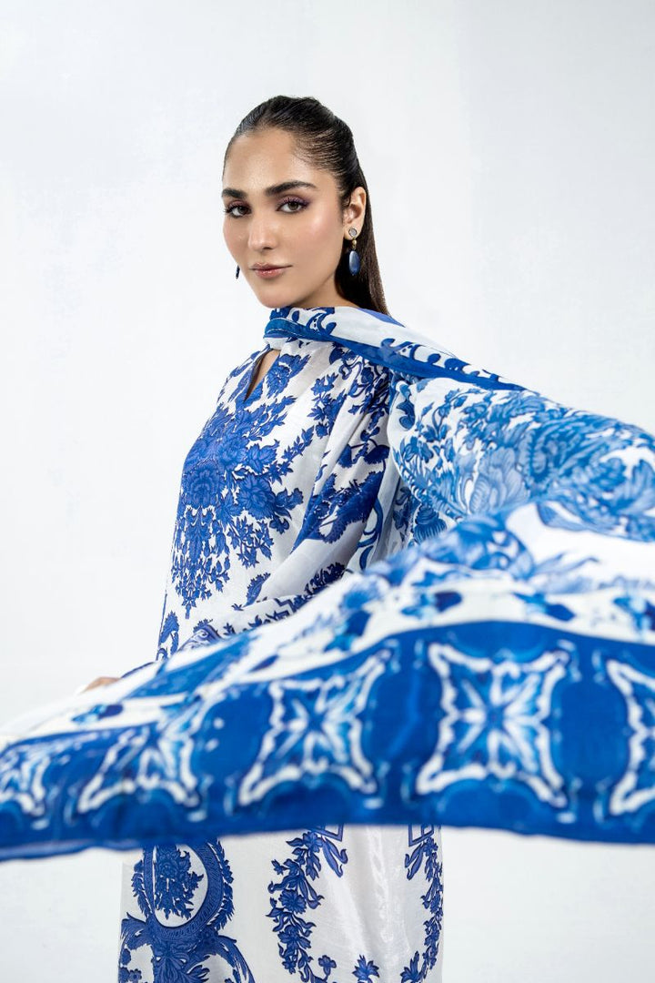 Laleen - Sapphire Sky Raw Silk Suit For Women - Blue and White - 3 Piece