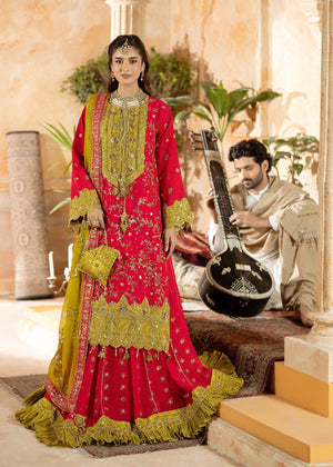 Sara Jahan - Rang E Bahar Chiffon Embroidered Suit For Women - Ruby Red - 3 Piece
