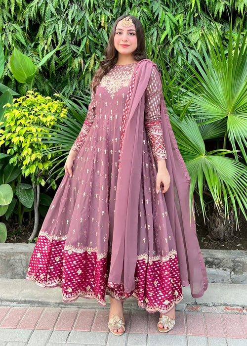 Sara Jahan - Rang E Bahar Georgette Chiffon Embroidered Suit For Women - Mauve Pink - 3 Piece