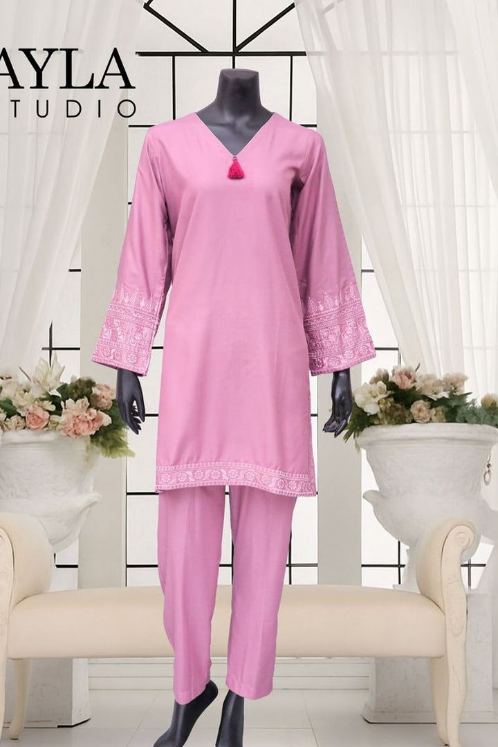 Ayla Studio - 2-Piece Solid Embroidered Dress - Shabnam - plum - Wash & Wear