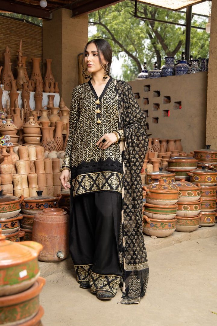 Laleen - Shadow Veil Viscose Suit For Women - Black - 3 Piece
