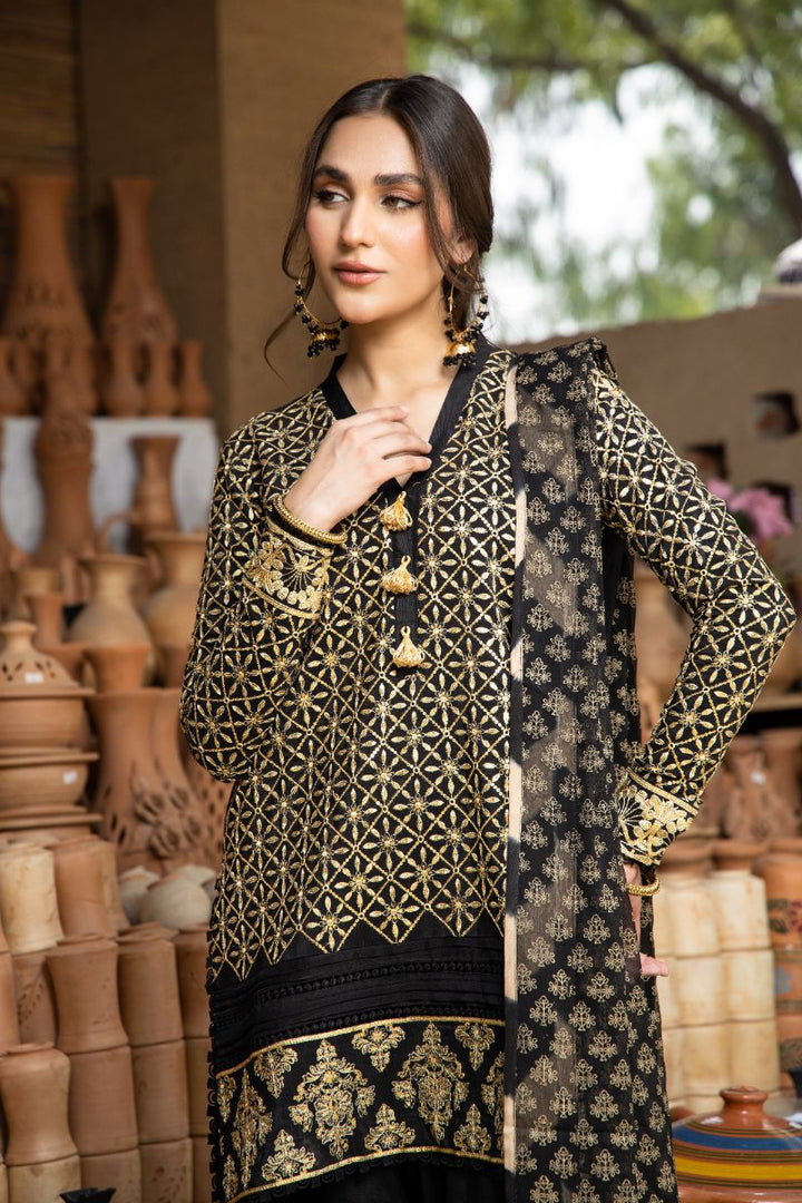 Laleen - Shadow Veil Viscose Suit For Women - Black - 3 Piece