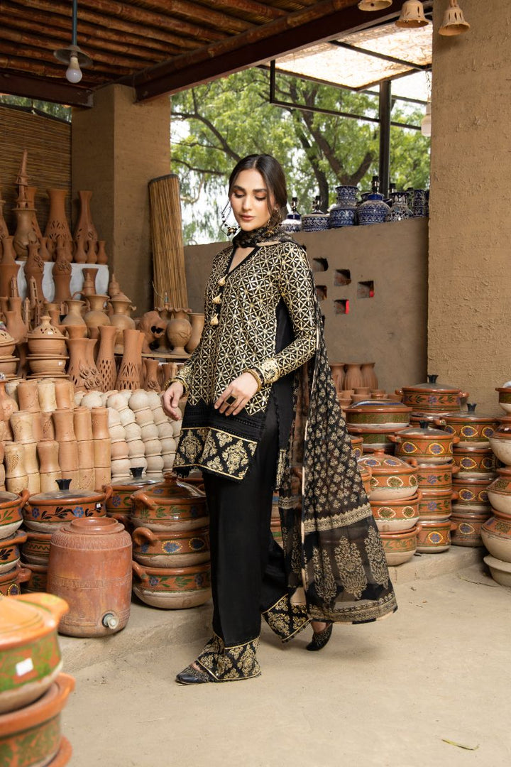 Laleen - Shadow Veil Viscose Suit For Women - Black - 3 Piece