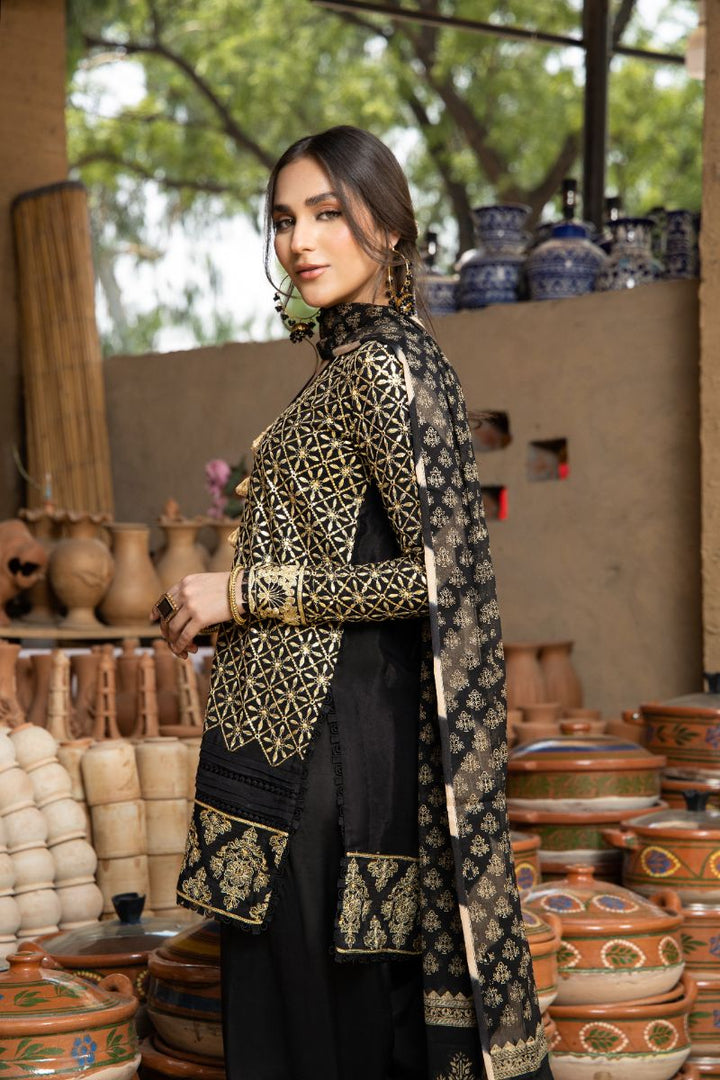 Laleen - Shadow Veil Viscose Suit For Women - Black - 3 Piece