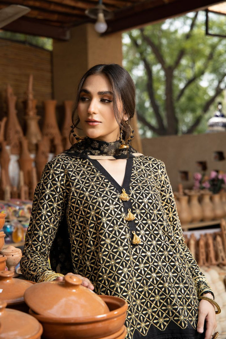 Laleen - Shadow Veil Viscose Suit For Women - Black - 3 Piece
