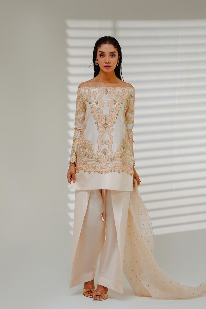 Shahid Chuhan - Auric Aura Silk Suit For Women - Beige / Nude