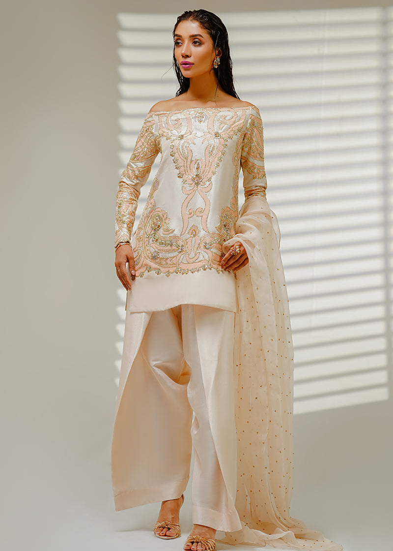 Shahid Chuhan - Auric Aura Silk Suit For Women - Beige / Nude