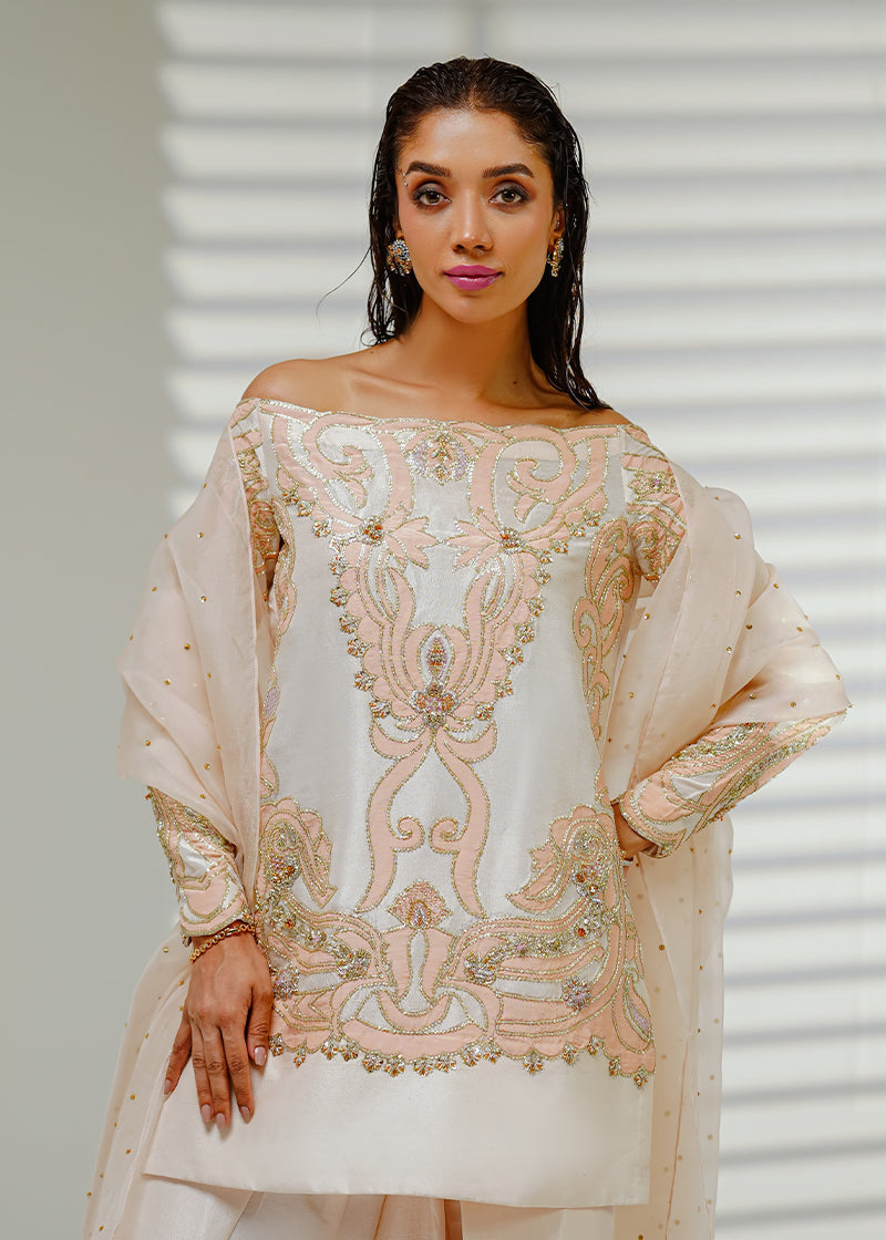 Shahid Chuhan - Auric Aura Silk Suit For Women - Beige / Nude