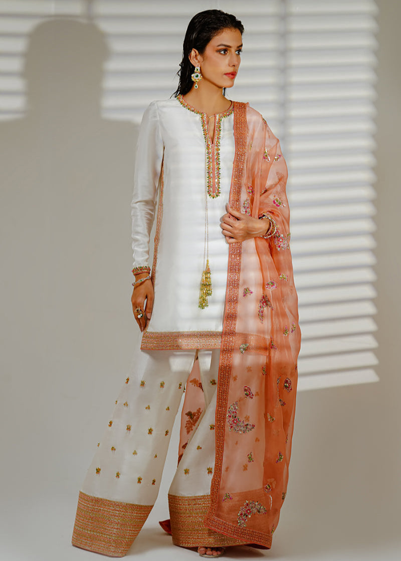 Shahid Chuhan - Butterfly Bloom Raw Silk Suit For Women - Ivory And Peach