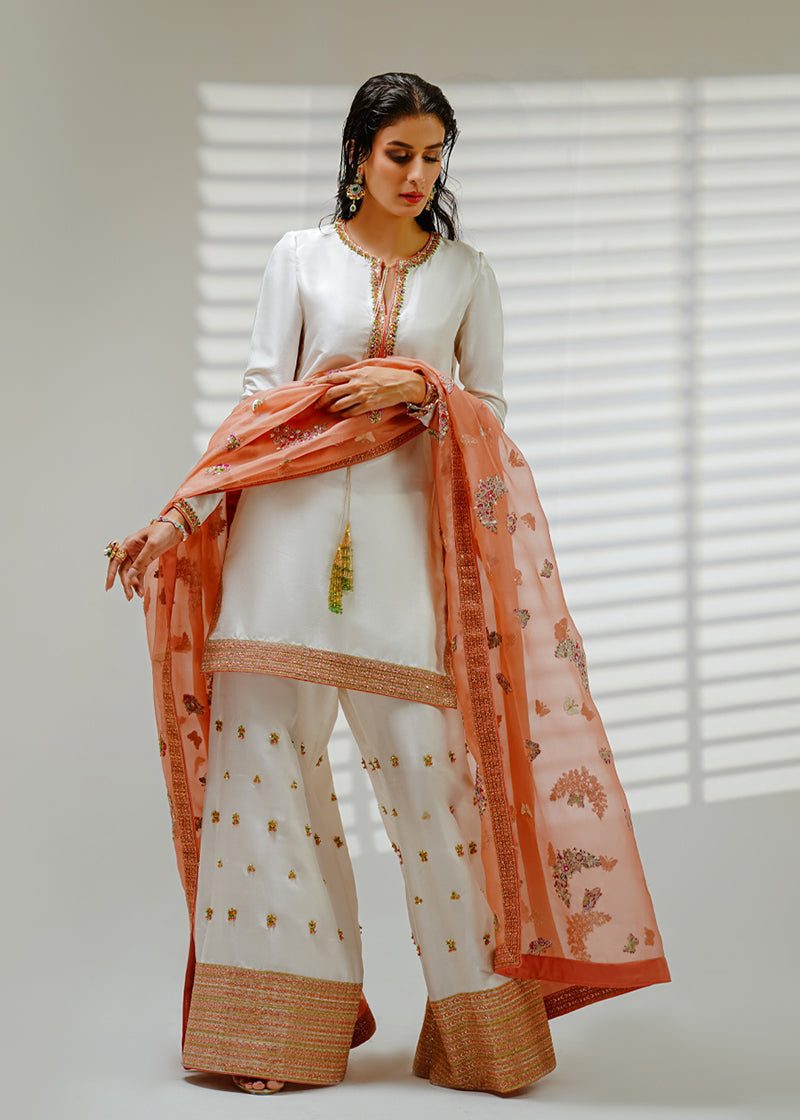 Shahid Chuhan - Butterfly Bloom Raw Silk Suit For Women - Ivory And Peach