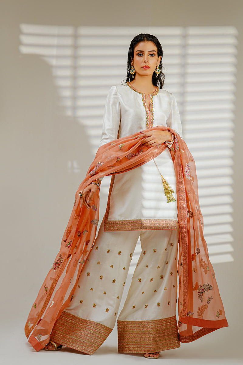 Shahid Chuhan - Butterfly Bloom Raw Silk Suit For Women - Ivory And Peach