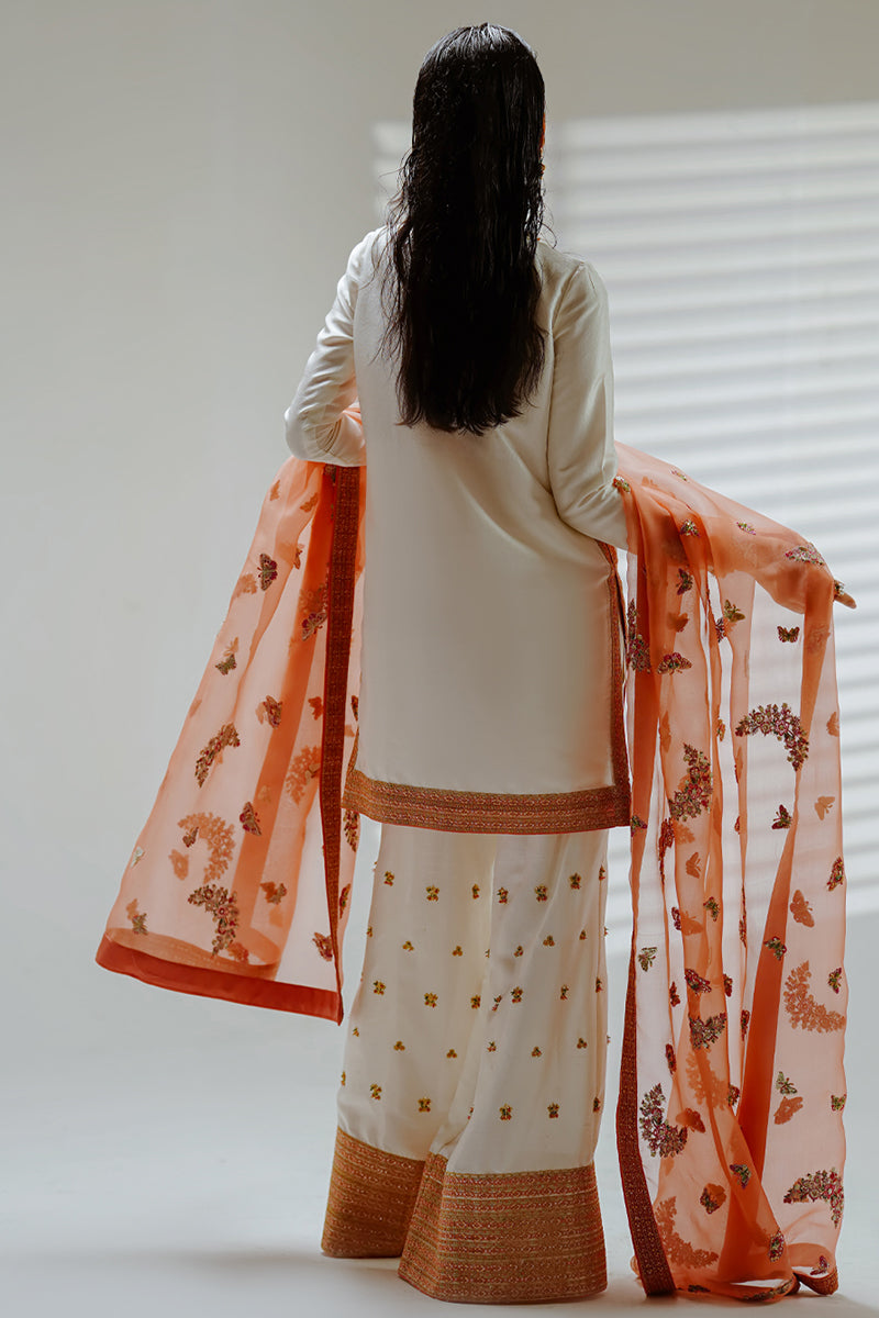 Shahid Chuhan - Butterfly Bloom Raw Silk Suit For Women - Ivory And Peach