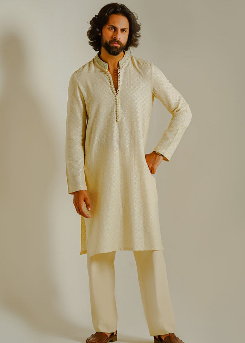 Shahid Chuhan - Cremeous Blended Suit For Men - Beige / Nude