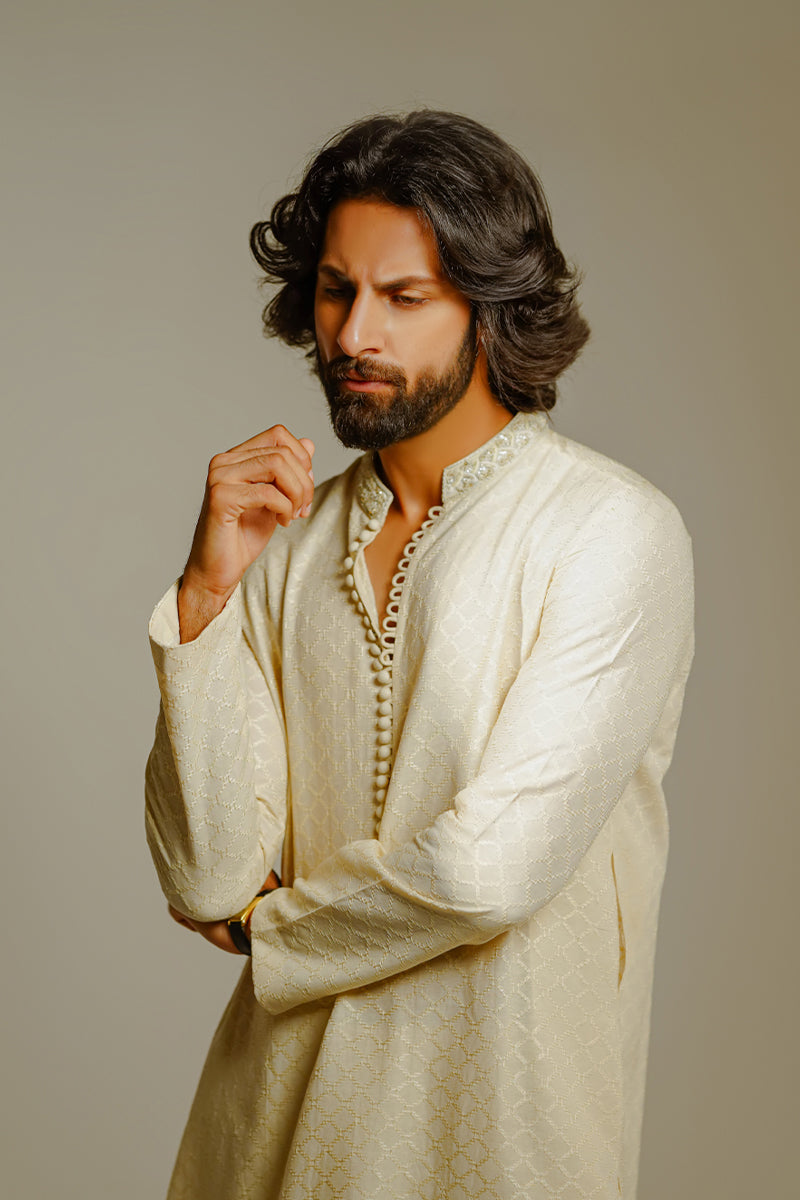 Shahid Chuhan - Cremeous Blended Suit For Men - Beige / Nude