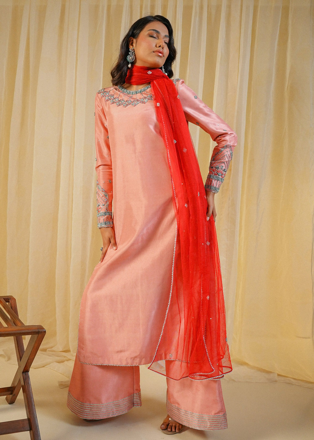 Shahid Chuhan - Crimson Amellia Silk Suit For Women - Tea Pink