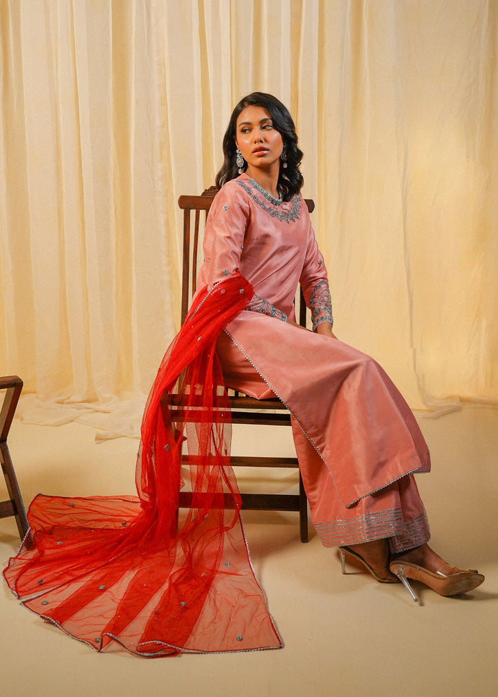 Shahid Chuhan - Crimson Amellia Silk Suit For Women - Tea Pink