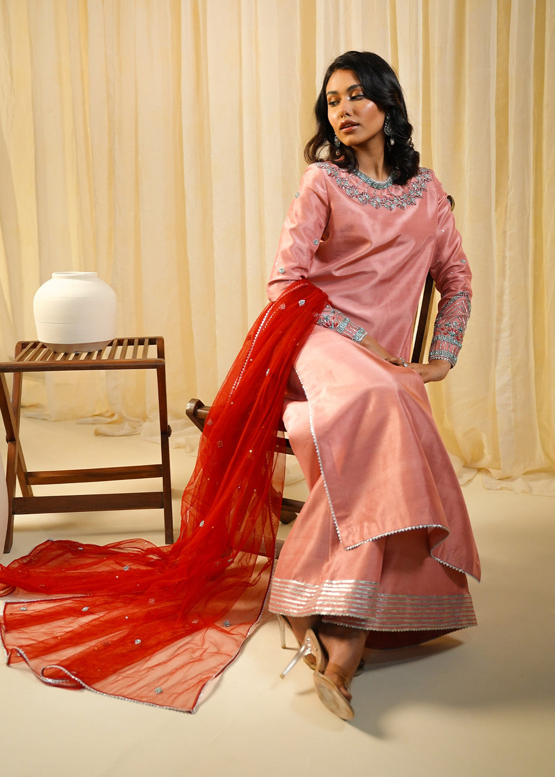 Shahid Chuhan - Crimson Amellia Silk Suit For Women - Tea Pink