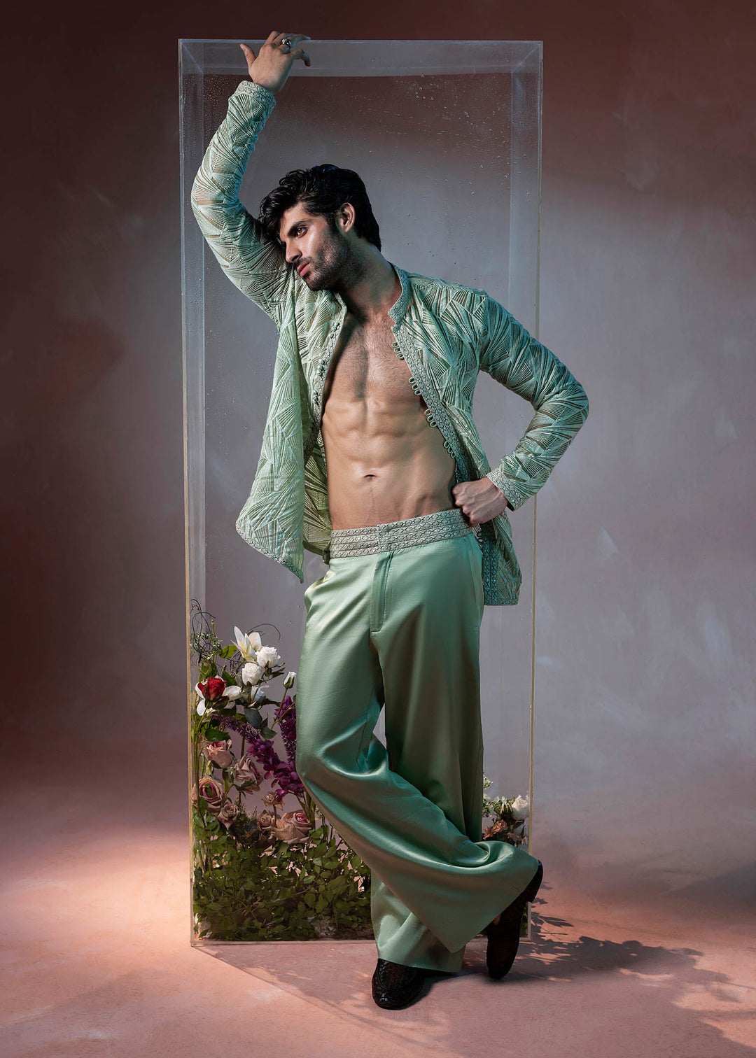 Shahid Chuhan - Elydon Organza, Satin, Silk Suit For Men - Pistachio Green