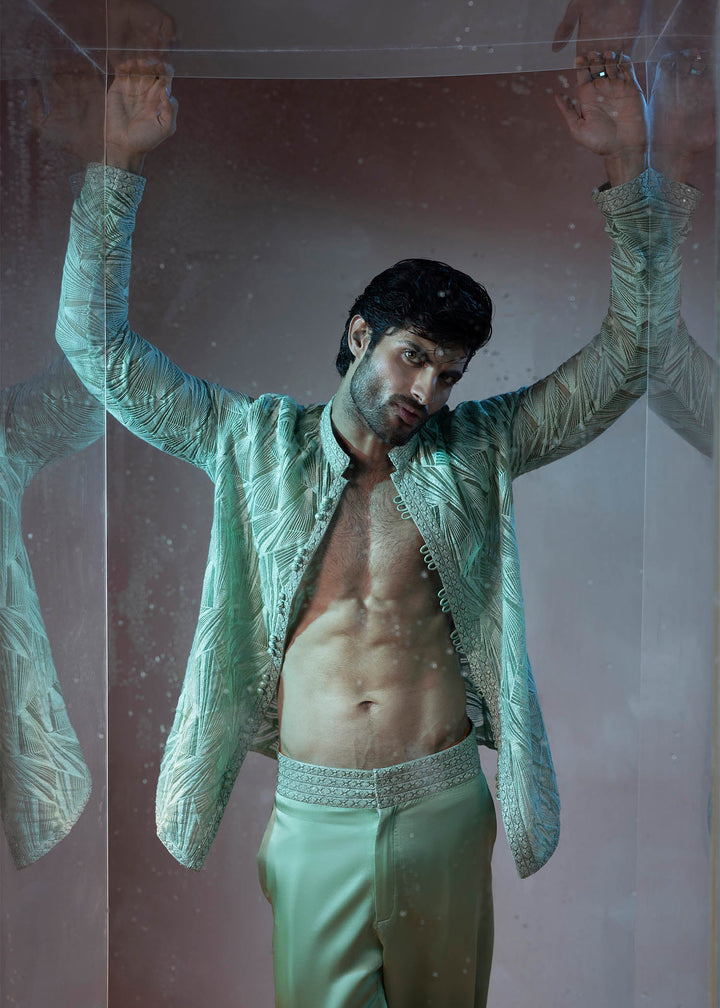 Shahid Chuhan - Elydon Organza, Satin, Silk Suit For Men - Pistachio Green