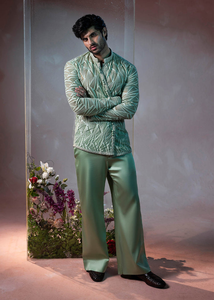 Shahid Chuhan - Elydon Organza, Satin, Silk Suit For Men - Pistachio Green