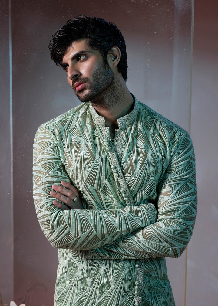 Shahid Chuhan - Elydon Organza, Satin, Silk Suit For Men - Pistachio Green