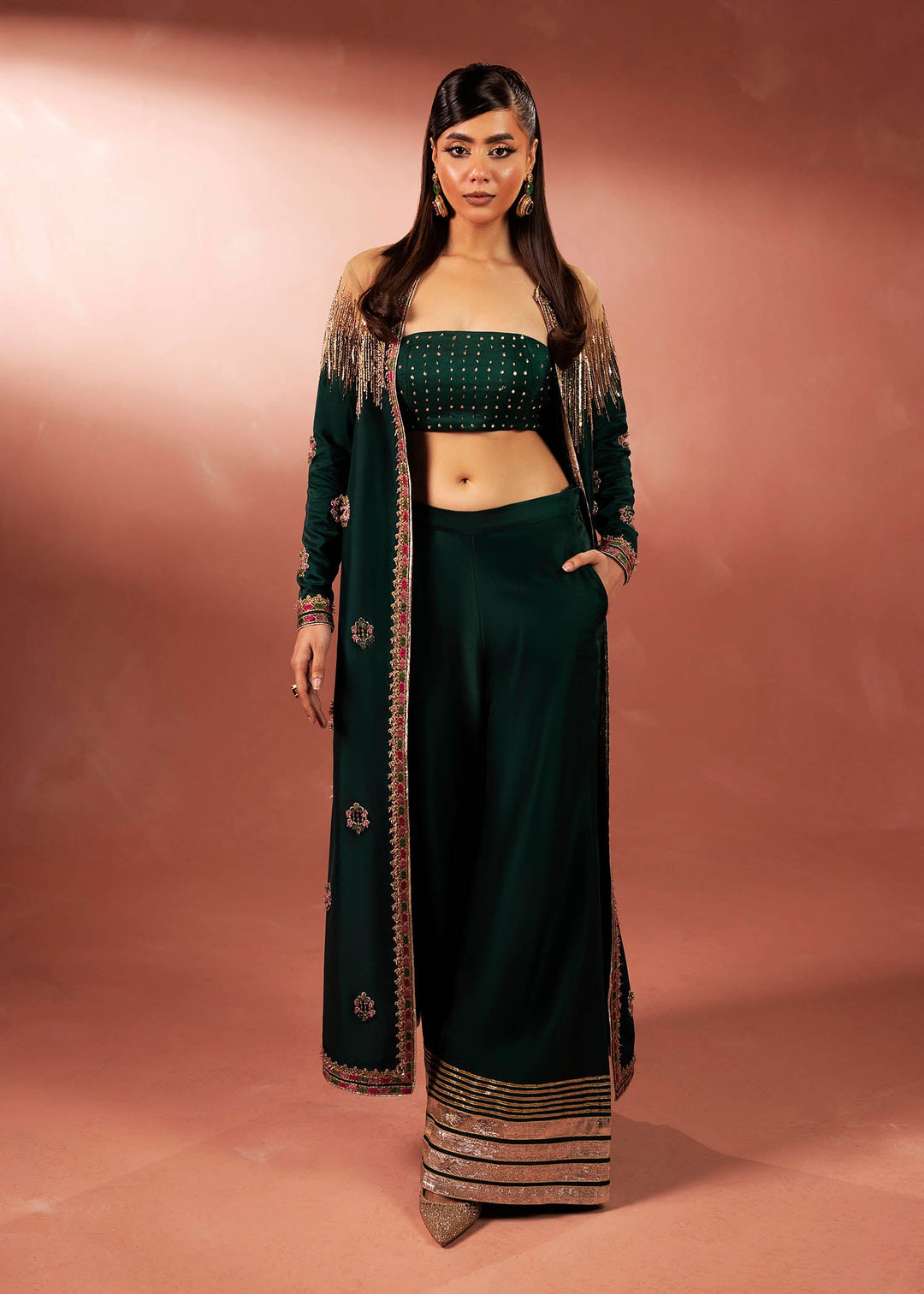 Shahid Chuhan - Forest Muse Silk Jacket For Women - Bottle Green
