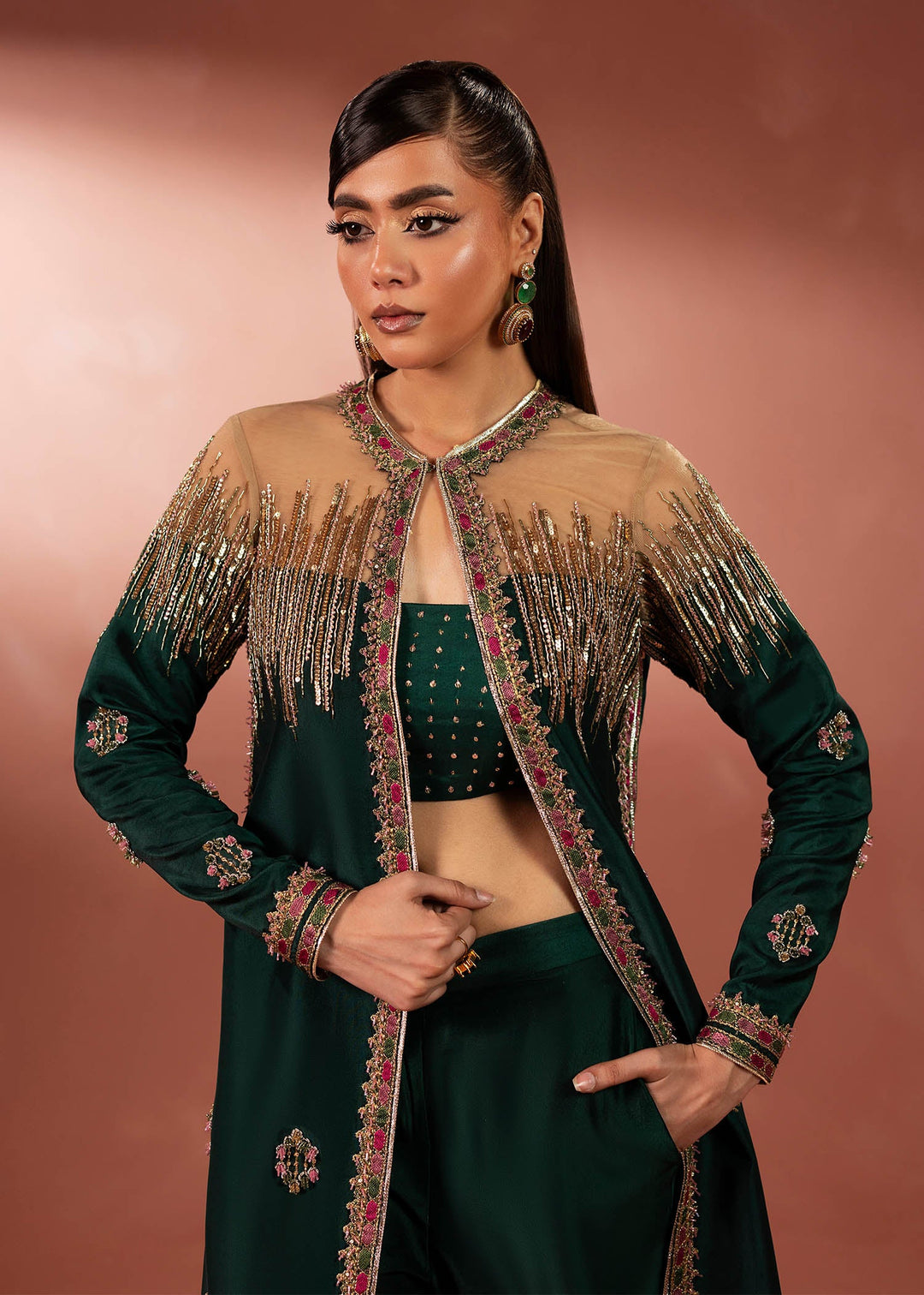 Shahid Chuhan - Forest Muse Silk Jacket For Women - Bottle Green
