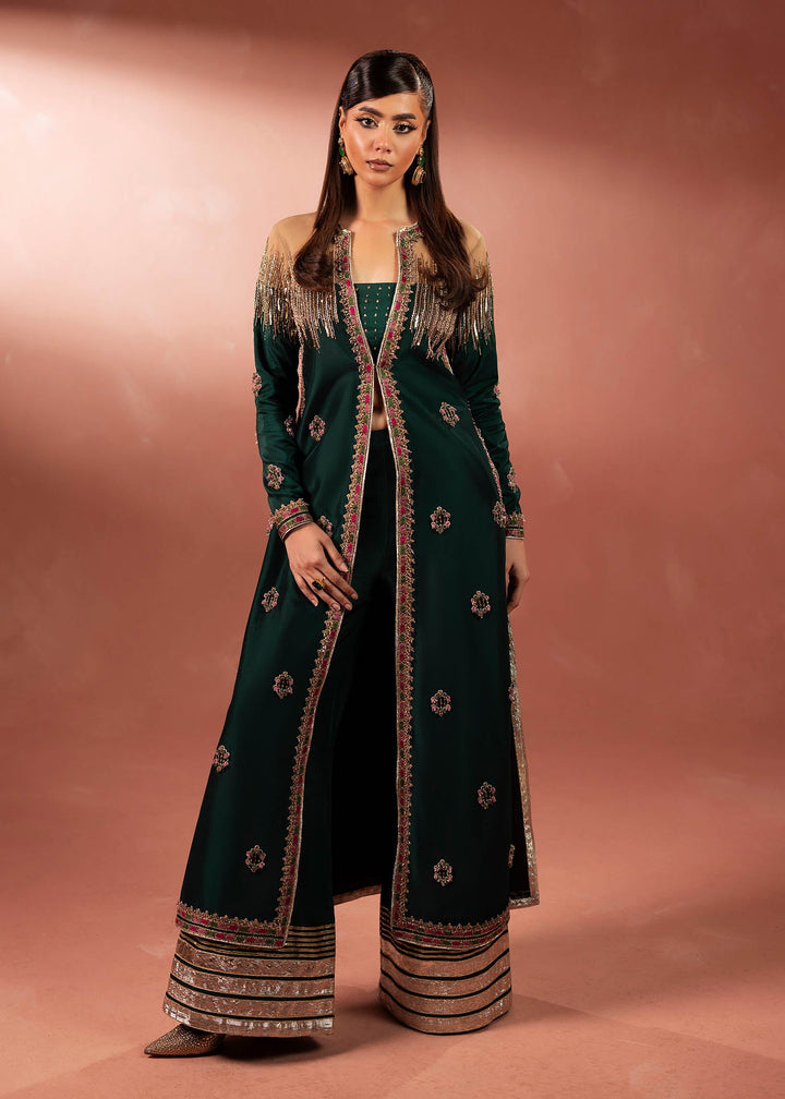 Shahid Chuhan - Forest Muse Silk Jacket For Women - Bottle Green
