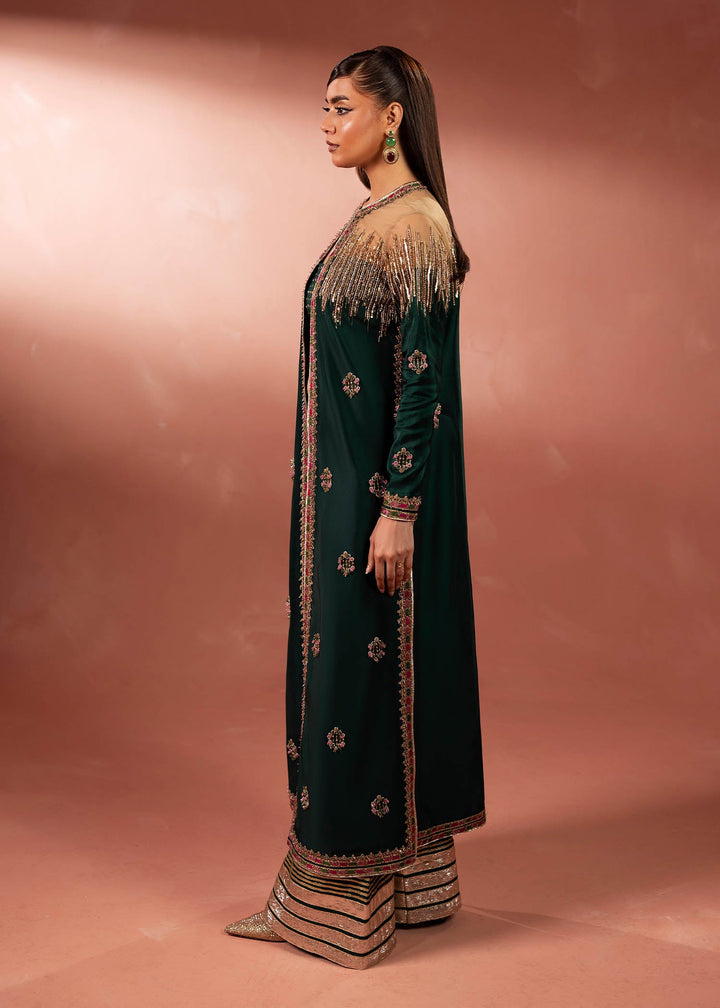 Shahid Chuhan - Forest Muse Silk Jacket For Women - Bottle Green