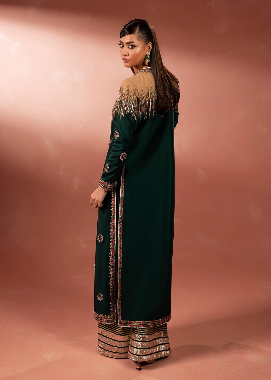 Shahid Chuhan - Forest Muse Silk Jacket For Women - Bottle Green