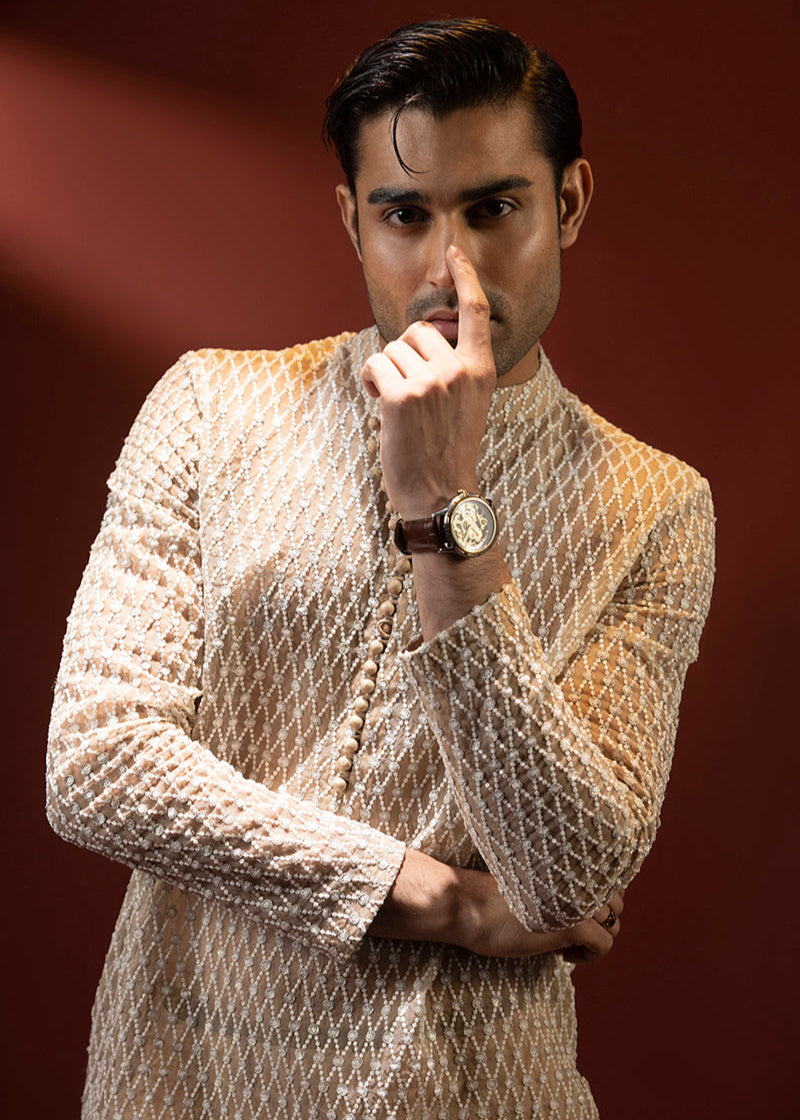 Shahid Chuhan - Grandeur Organza Suit For Men - Beige / Nude
