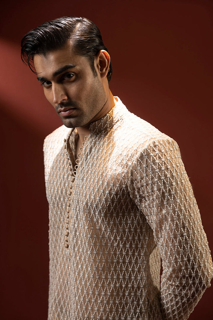 Shahid Chuhan - Grandeur Organza Suit For Men - Beige / Nude