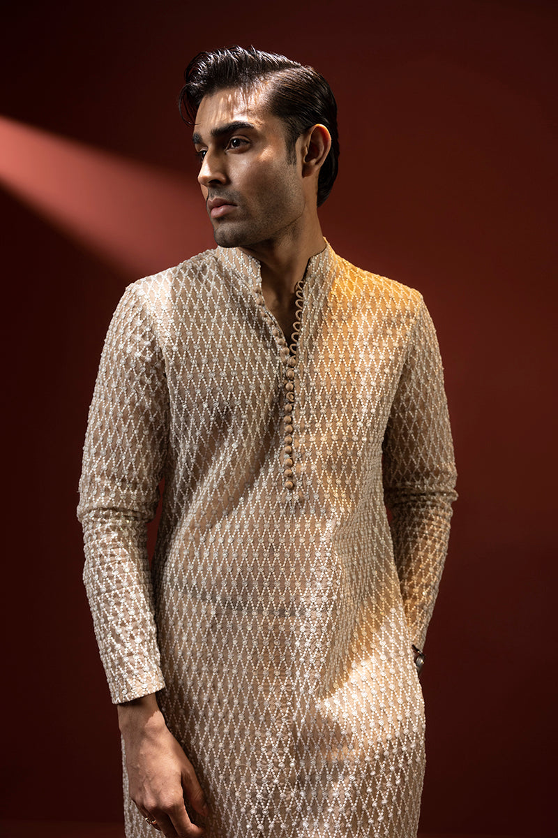 Shahid Chuhan - Grandeur Organza Suit For Men - Beige / Nude