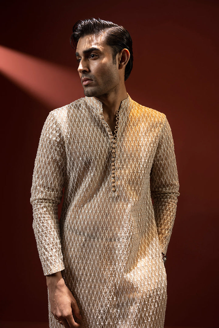 Shahid Chuhan - Grandeur Organza Suit For Men - Beige / Nude
