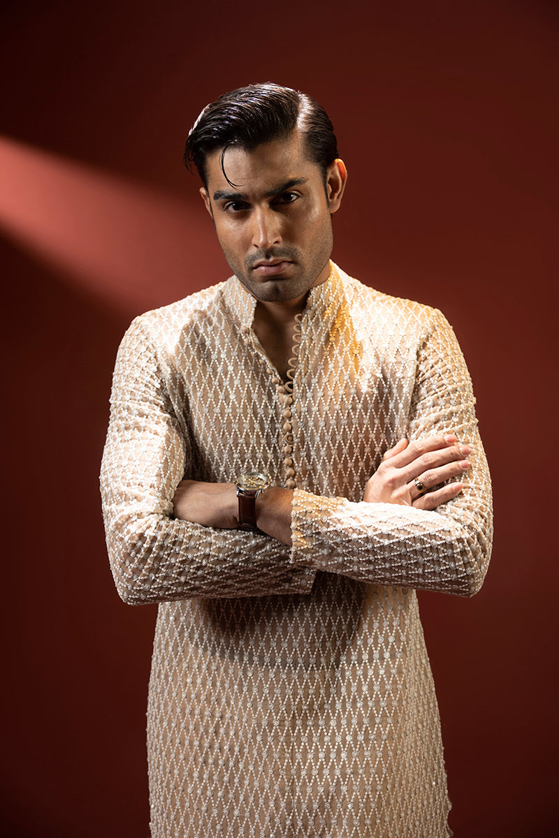 Shahid Chuhan - Grandeur Organza Suit For Men - Beige / Nude