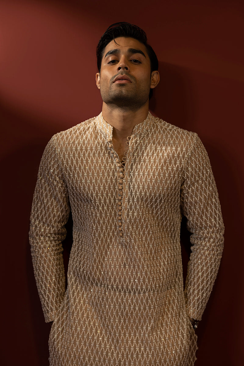 Shahid Chuhan - Grandeur Organza Suit For Men - Beige / Nude
