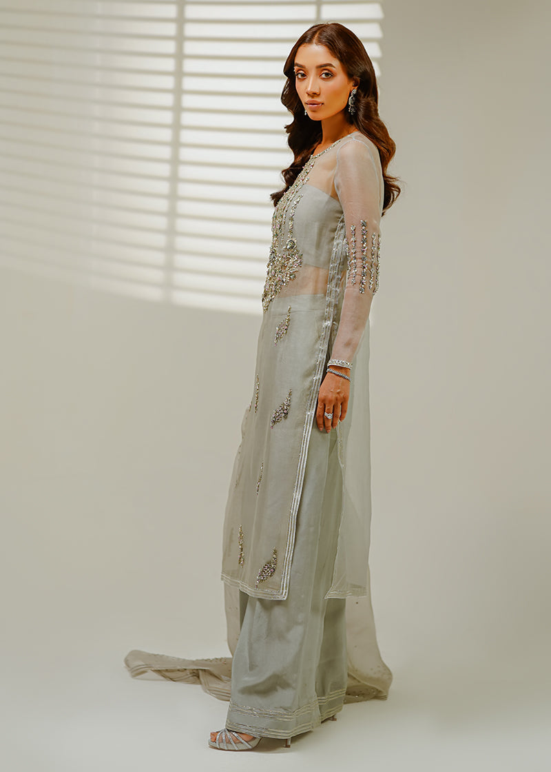 Shahid Chuhan - Gray Glamour Silk Suit For Women - Grey