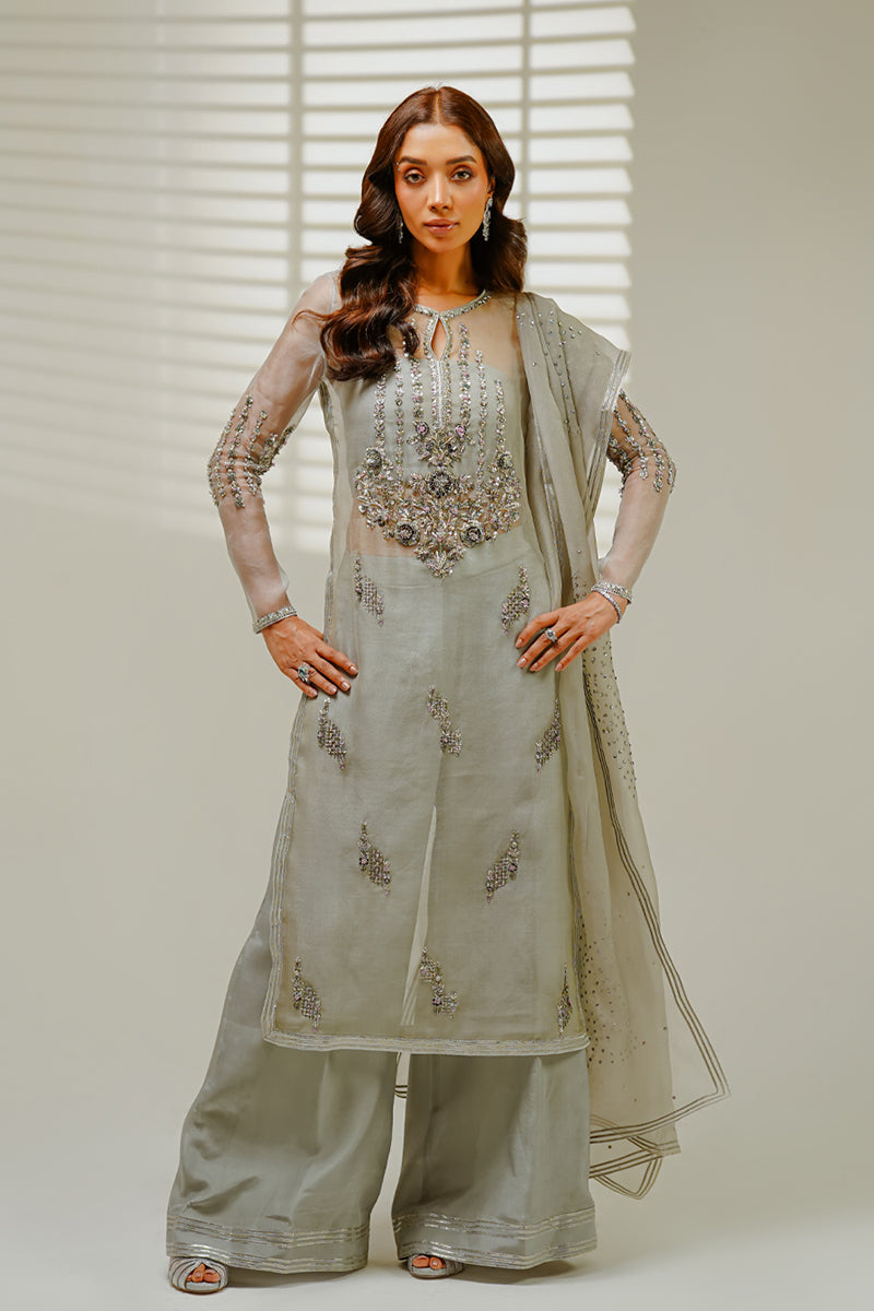 Shahid Chuhan - Gray Glamour Silk Suit For Women - Grey