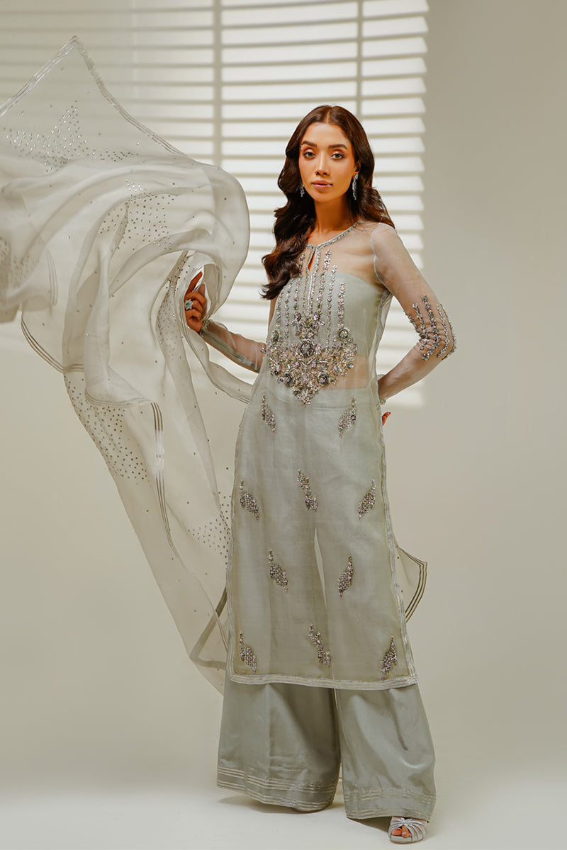 Shahid Chuhan - Gray Glamour Silk Suit For Women - Grey