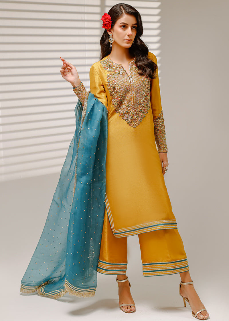 Shahid Chuhan - Honey Hue Silk Suit For Women - Mustard
