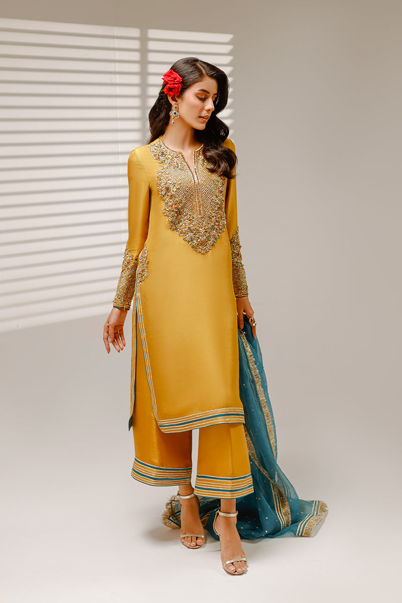 Shahid Chuhan - Honey Hue Silk Suit For Women - Mustard