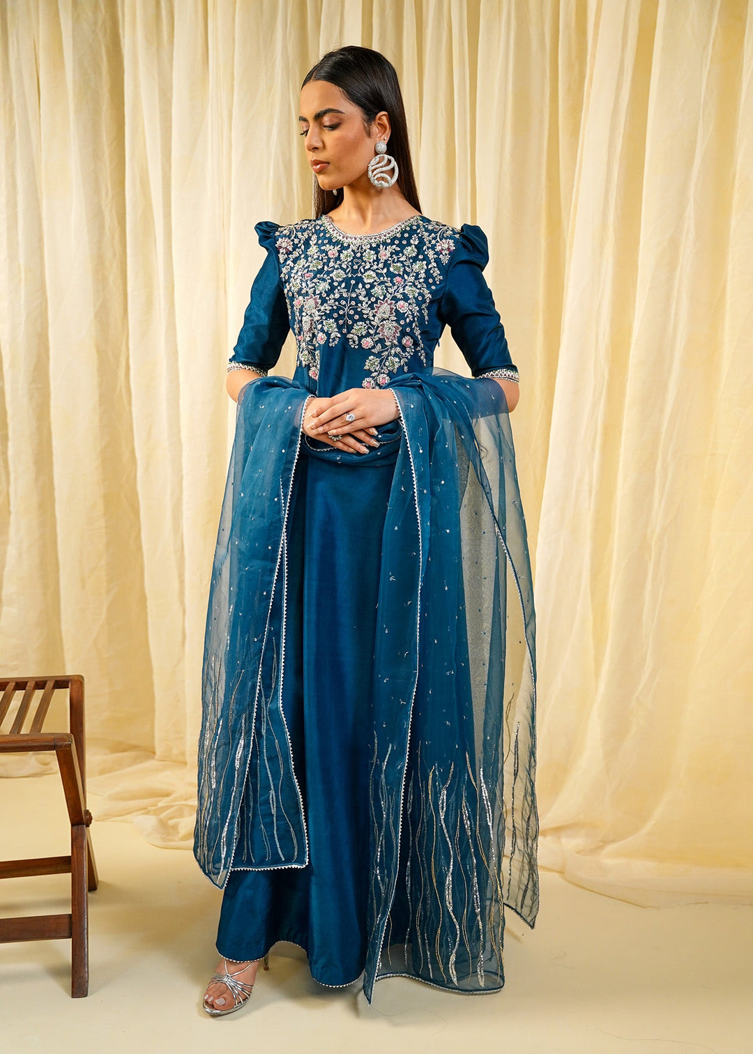 Shahid Chuhan - Kenza Silk Suit For Women - Teal Blue