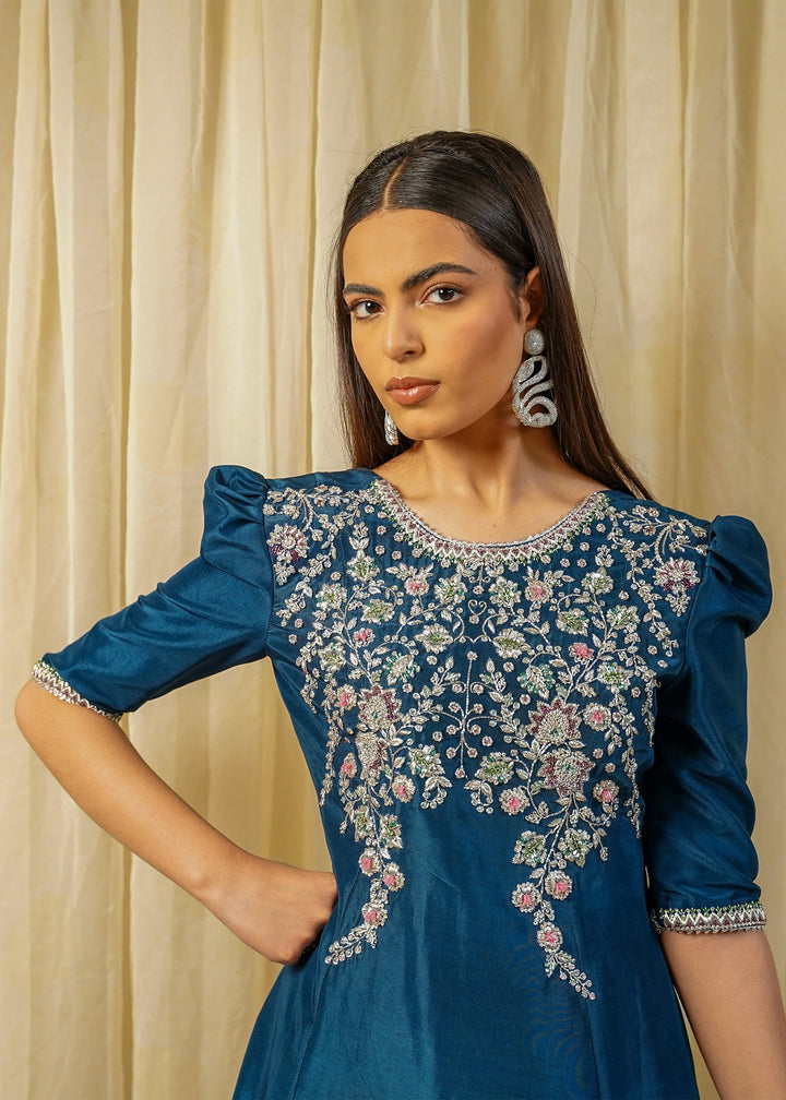Shahid Chuhan - Kenza Silk Suit For Women - Teal Blue