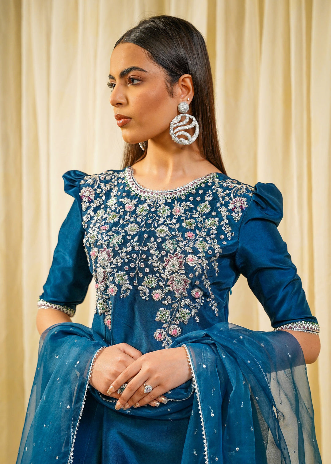 Shahid Chuhan - Kenza Silk Suit For Women - Teal Blue