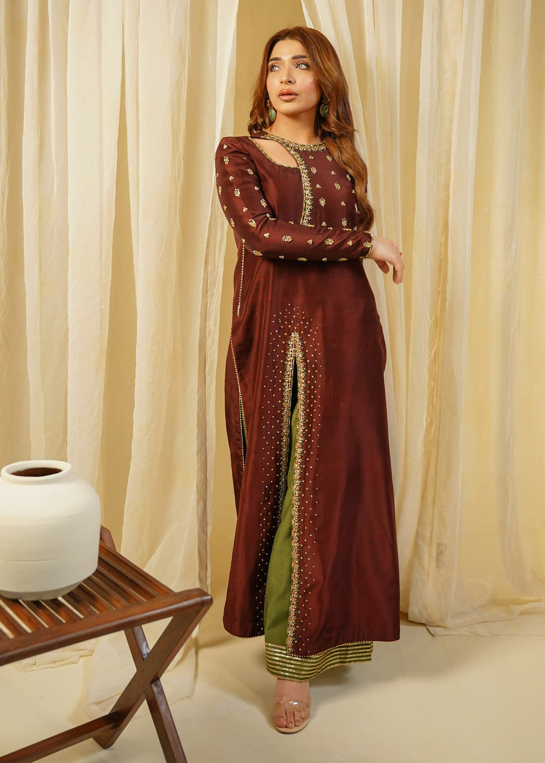 Shahid Chuhan - Mahogany Luxe Silk Suit For Women - Brown
