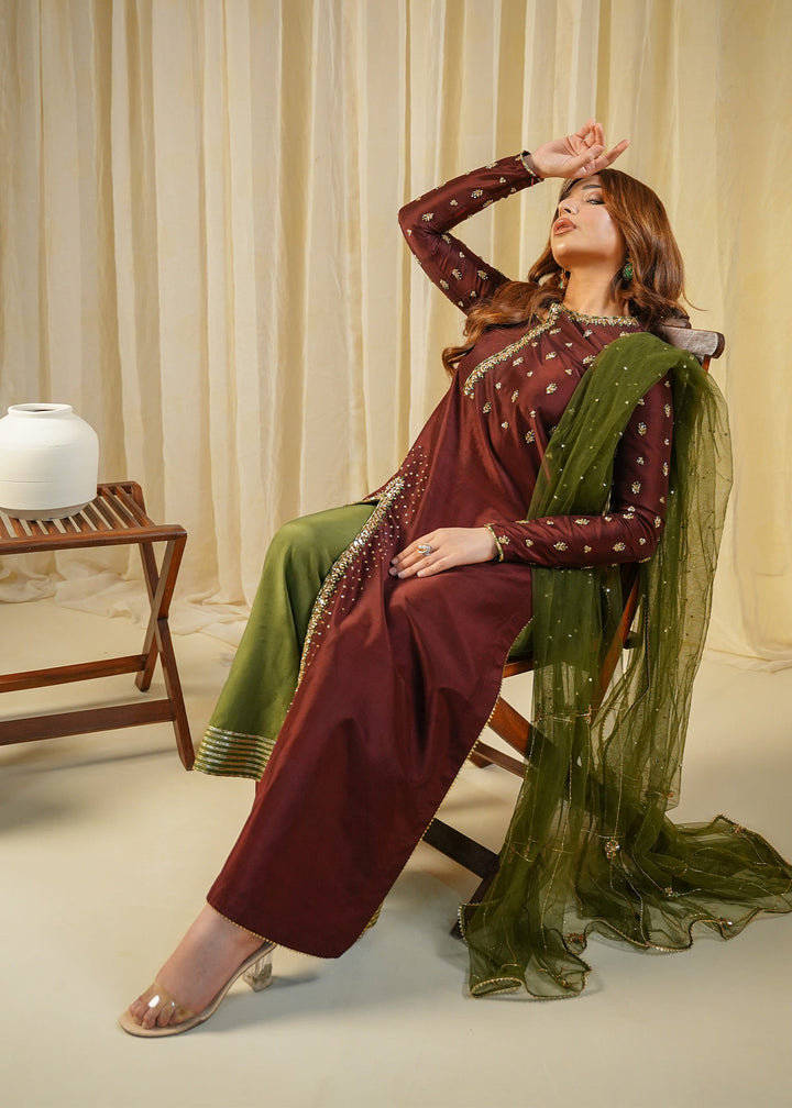 Shahid Chuhan - Mahogany Luxe Silk Suit For Women - Brown