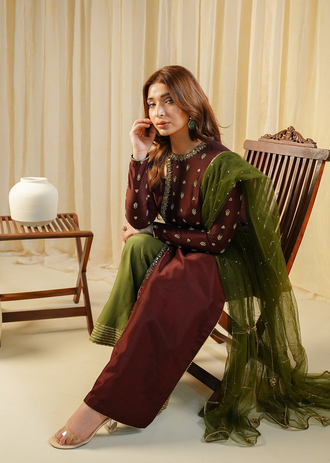 Shahid Chuhan - Mahogany Luxe Silk Suit For Women - Brown